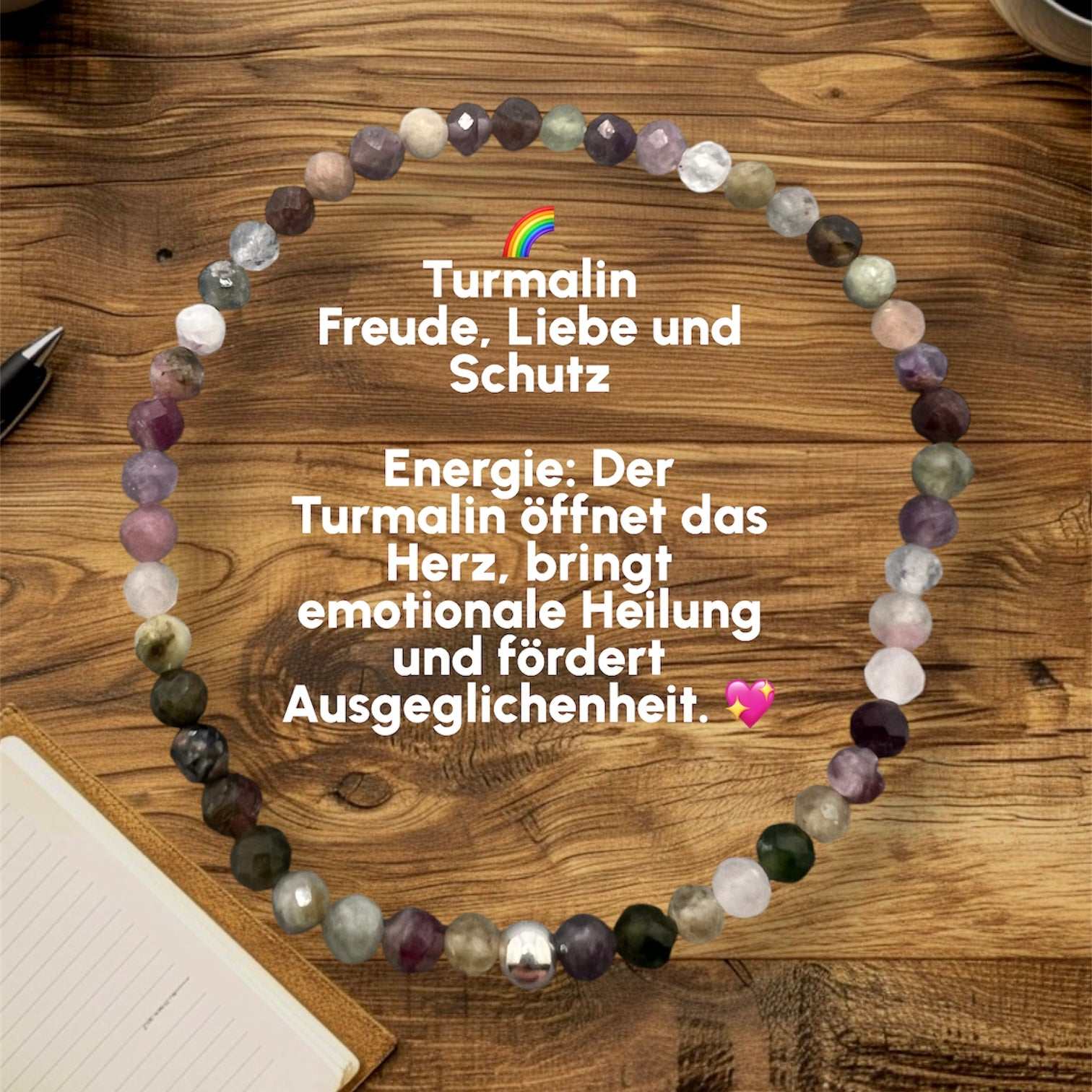Turmalin Armband handgefertigt mit farbigen Edelsteinperlen für Freude, Liebe und Schutz