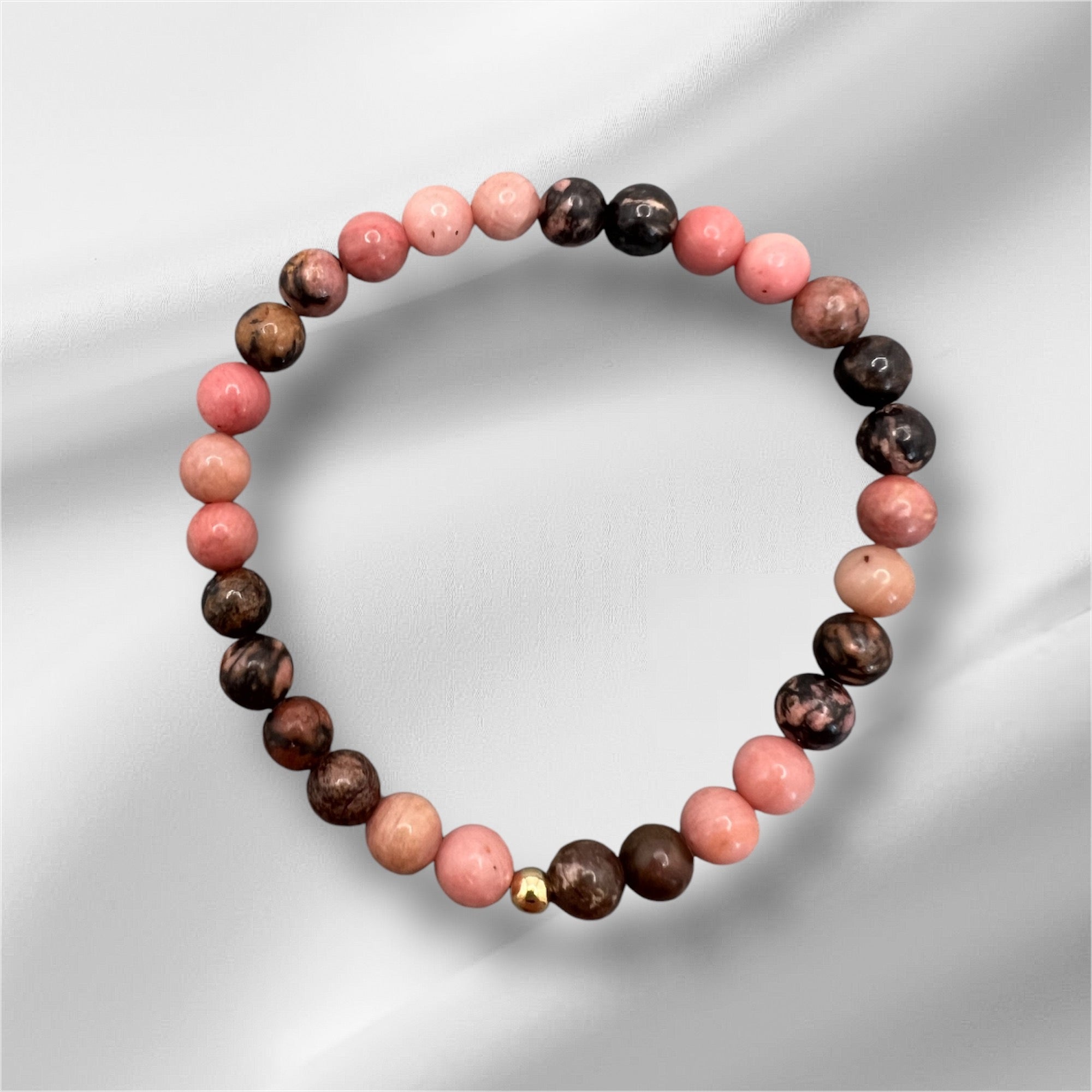 Rhodonit Armband mit rosa und braunen Perlen, handgefertigt, fördert Vergebung und emotionale Heilung, elastisch und wasserfest