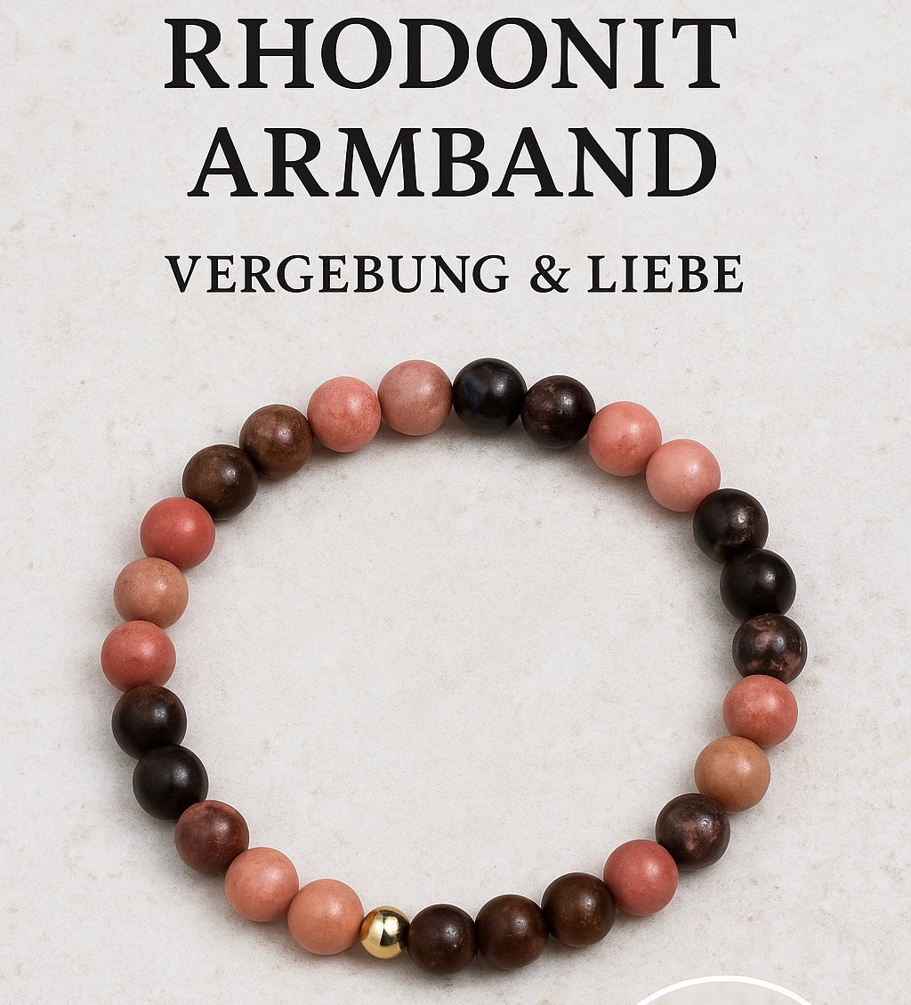 Rhodonit Armband aus 6 mm runden rosafarbenen und braunen Perlen für Vergebung und Liebe, handgefertigt auf elastischem Band