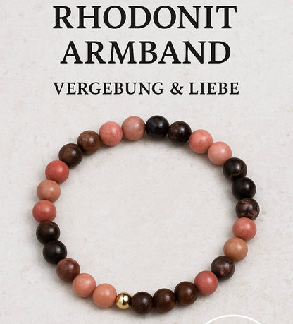 Rhodonit Armband aus 6 mm runden rosafarbenen und braunen Perlen für Vergebung und Liebe, handgefertigt auf elastischem Band