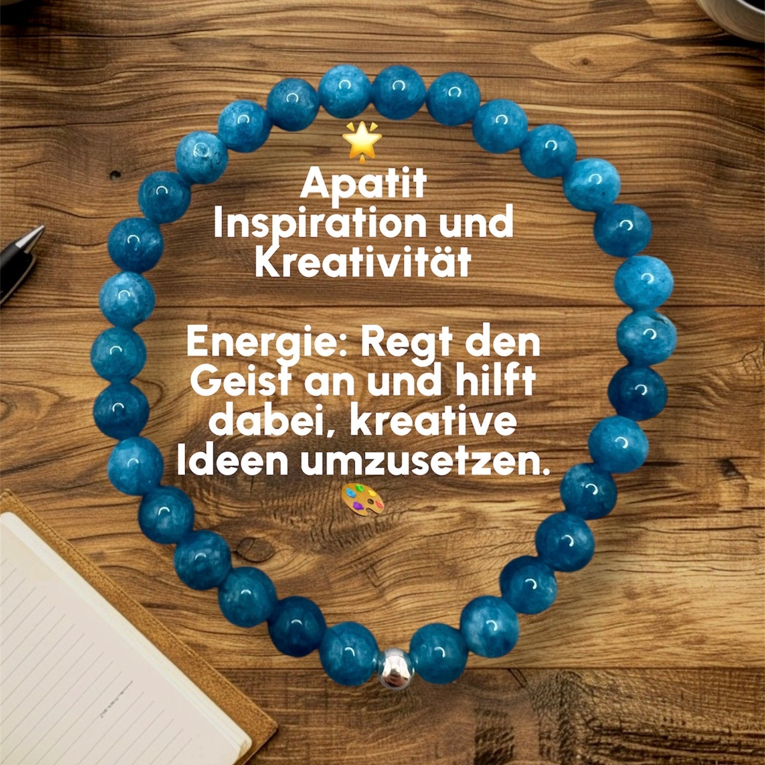 Blaues handgefertigtes Apatit Armband mit 24 kt vergoldeter Verschlussperle auf Holztisch, Symbol für Inspiration und Kreativität