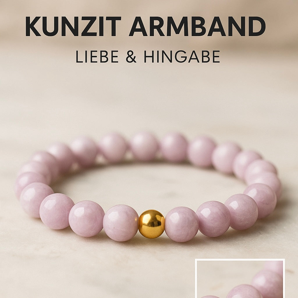 Kunzit Armband mit 6 mm runden rosafarbenen Perlen und einer goldenen Perle, symbolisiert Liebe und Hingabe.