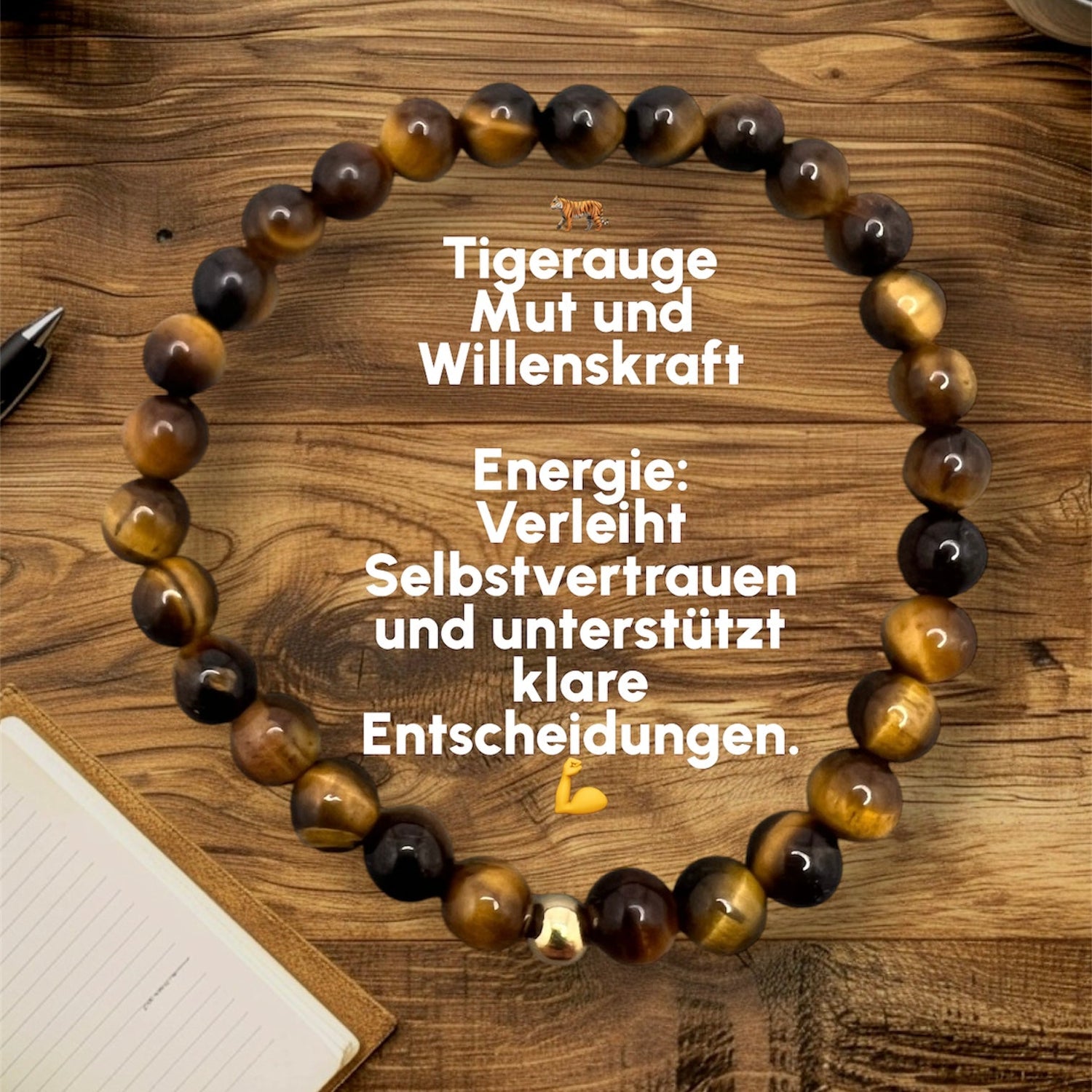 Tigerauge Armband mit gold-braunen Edelsteinperlen auf Holzuntergrund, Symbol für Mut und Willenskraft, handgefertigtes Schmuckstück für Selbstvertrauen und klare Entscheidungen