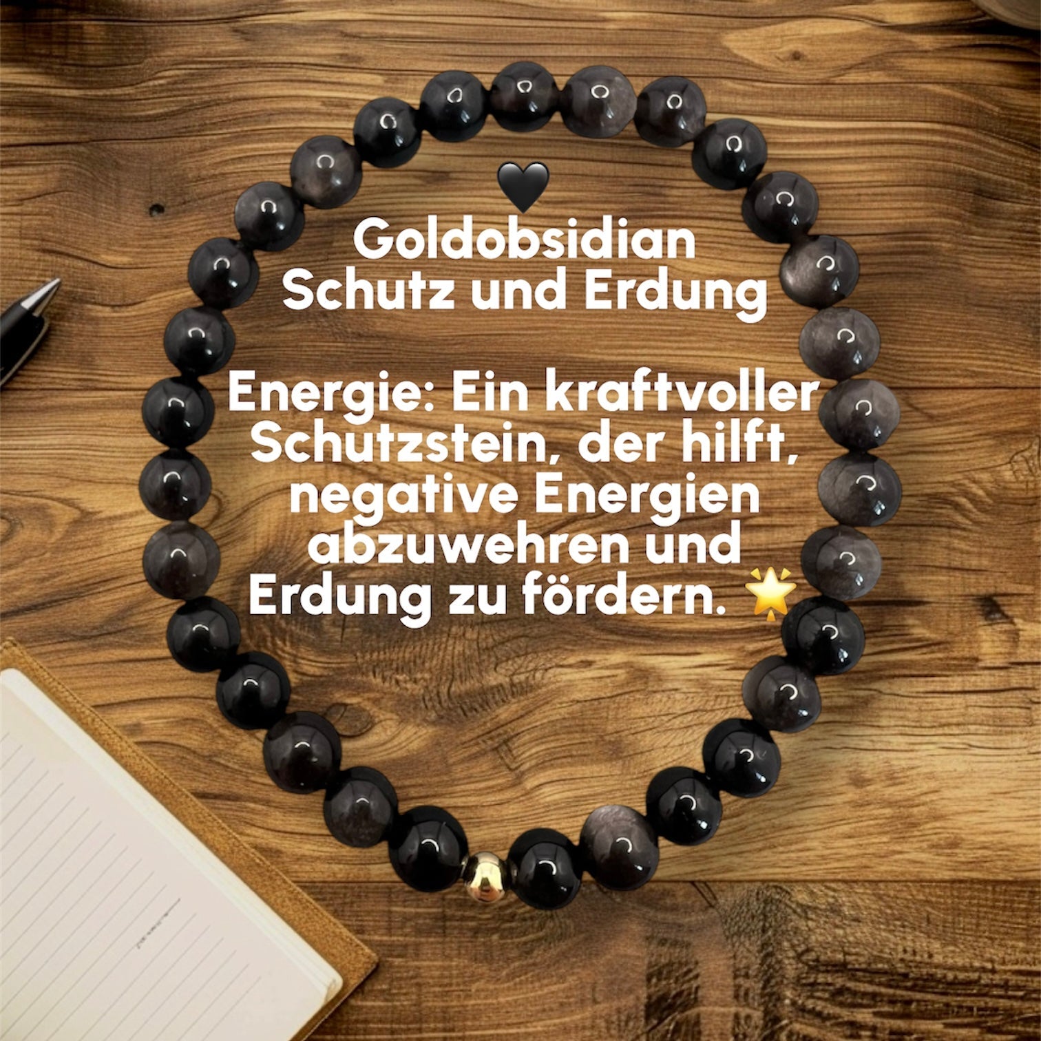 Goldobsidian Armband mit schwarzen und goldfarbenen Perlen für Schutz und Erdung, handgefertigt auf Holztisch liegend