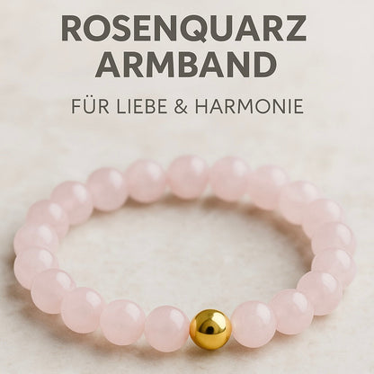 Rosenquarz Armband aus zarten rosa Perlen mit einer goldenen Kugel für Liebe und Harmonie.