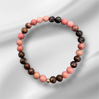 Rhodonit Armband mit rosa und braunen Perlen, handgefertigt, fördert Vergebung und emotionale Heilung, elastisch und wasserfest